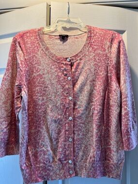 Talbots Pink-Patterned Button-Front Three-Quarter Sleeves Cardigan. XL Petite